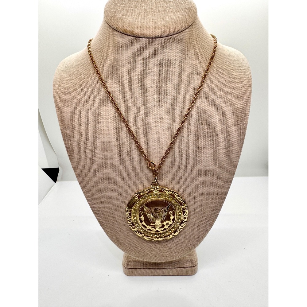 Vintage Royal Eagle Medallion Necklace‎ Gold Tone Rhinestone Statement Pendant
